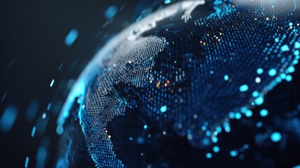 Digital representation of earth globe with glowing particles showing data connections and technological advancements in space