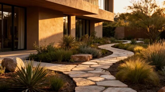 Medium shot focusing on a buildings exterior with integrated landscaping elements where natural stone pathways and native plants harmonize with the architecture.