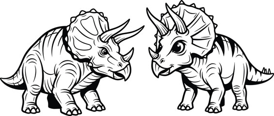 Two cartoon triceratops dinosaurs facing each other in black and white prehistoric ancient © Shamimara creative 