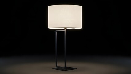 Modern minimalist floor lamp with rectangular dark metal base and large cylindrical white fabric shade illuminates dark space