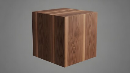 Solid walnut wood cube pedestal or block rendered in 3d against a neutral gray studio background
