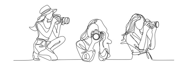 Continuous line drawing of a woman holding a camera up to her face taking a photograph in black and white