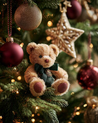 teddy bear christmas ornament, cute bear on christmas tree, cozy holiday tree decoration
