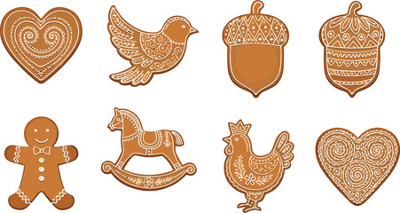 Decorated gingerbread cookie set featuring festive shapes like heart, bird, horse, and person with icing vector illustration © Sahed