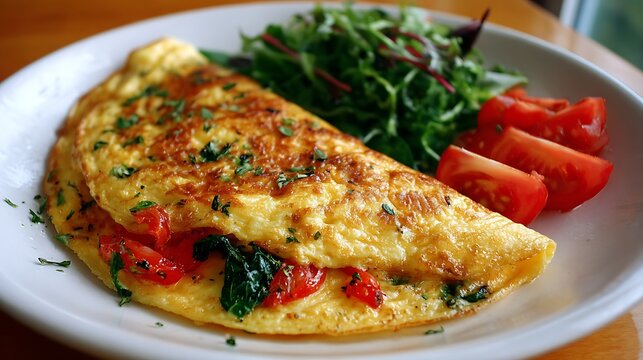 Delicious omelette with tomato and greens served on plate.