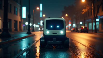 Fototapeta premium Autonomous Street Sweeper Night
