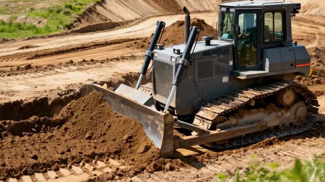 Medium shot of a bulldozer smoothing uneven terrain during site grading showcasing earthmoving machinery shaping land contours for construction preparation.