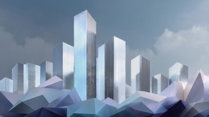 Abstract cityscape with geometric shapes and modern buildings under cloudy sky, showcasing a futuristic urban landscape and architectural design elements