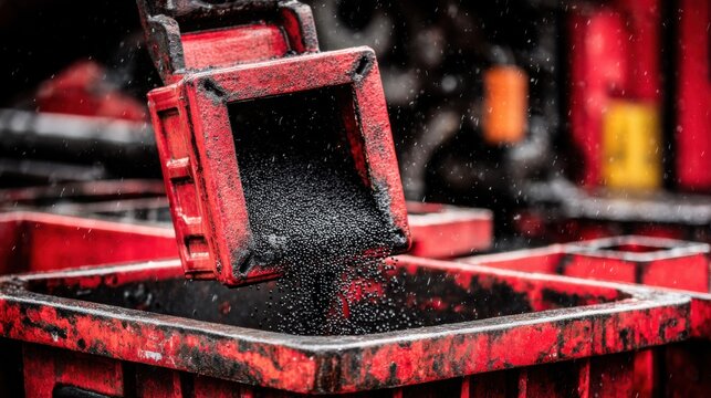 Medium shot of rubber pellets pouring from a machine hopper into a container for reuse in manufacturing