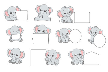 set of cartoon flat design baby elephant . banner blank templates card. 