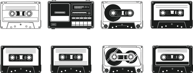 Eight Monochrome Icons Representing 80s and 90s Vintage Music Technology and Mixtapes.