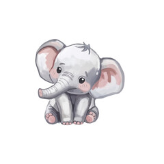 A cute gray cartoon elephant walking and standing on a white background