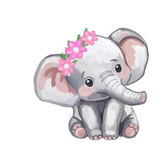 watercolor cartoon elephant with a pink ribbon and pink ball in a fun animal illustration style