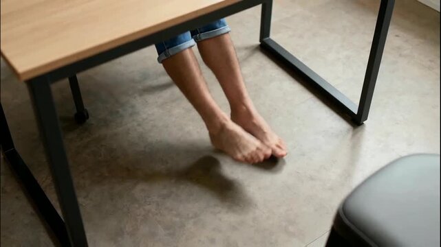 Person's bare feet dangling and wiggling under a modern desk indoors