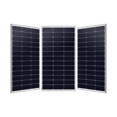 Clean energy photovoltaic system featuring three monocrystalline panels with front and angled views.