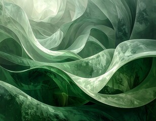 Abstract flowing design of layered translucent shapes in greens