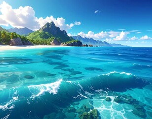 Beautiful tropical beach scene featuring crystal clear waters and a lush landscape