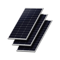Three monocrystalline solar panels arranged in an angled overlapping layout, isolated on white background for renewable energy concepts.