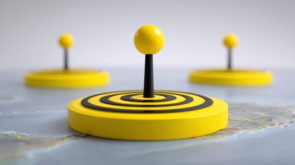 Bright Yellow Location Marker on a Map Surface with Black Circular Design Elements Highlighting Geographical Points of Interest and Navigation