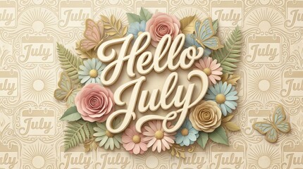 Words 'Hello July' surrounded by vintage floral elements, blooming flowers, soft leaves, and playful butterflies