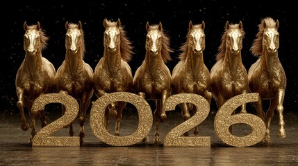 Bright golden horses celebrate New Year 2026 in a festive setting with large numbers
