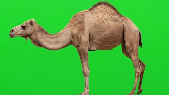 A lone camel stands against a vibrant green screen background.