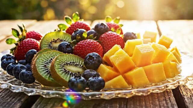 A vibrant medley of fresh fruits including strawberries, blueberries, kiwi, and mango, artfully arranged on a glass plate bathed in natural sunlight.