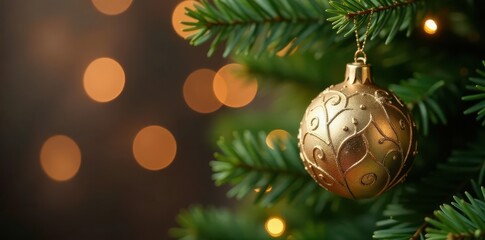 Golden ornament on Christmas tree branch, bokeh background, festive lights, gold