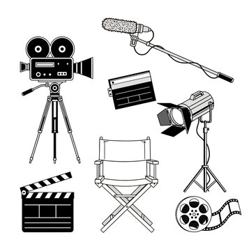 Filmmaking essentials for movie production a director's chair camera light boom mic clapperboard and film reel iconic cinema symbols