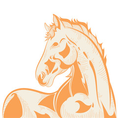 Majestic horse head line art illustration featuring fluid wavy strokes and golden tones perfect for branding posters apparel prints logos and modern decor projects worldwide design