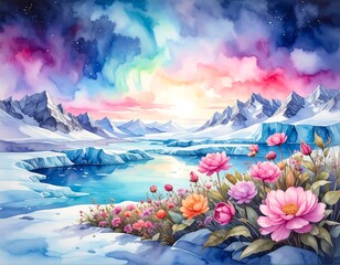 A vibrant watercolor landscape blends ice, flowers, and dreamy skies