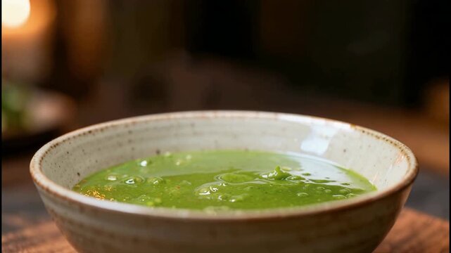 Pouring fresh green soup into a ceramic bowl close up slow motion healthy food preparation