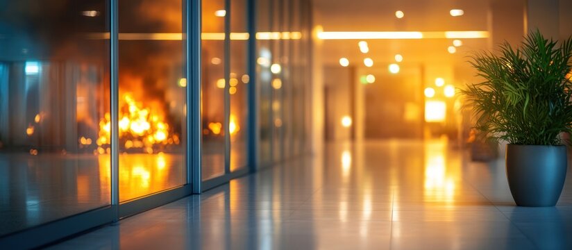 Lobby fire reflection, blurred interior
