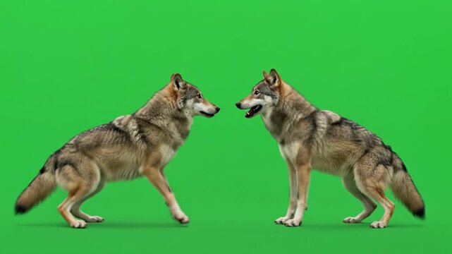 Two Wolves Facing Off on a Green Screen Background.
