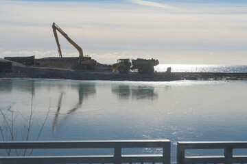 Naklejka premium redevelopment of Ontario Place by Therme Group view from Martin Goodman Trl across Ontario Place West Channel, Toronto
