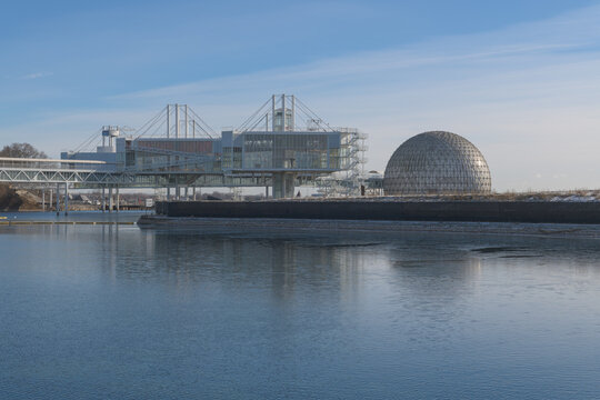 redevelopment of Ontario Place by Therme Group view from Martin Goodman Trl across Ontario Place West Channel, Toronto (pods and Cinesphere)