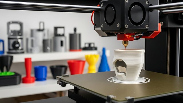 Close-up of a modern 3D printer actively manufacturing a white object, highlighting advanced additive technology, rapid prototyping, and innovative design.