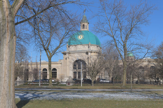 CNE Ontario Government Building, designed by Chapman and Oxley, 1926, viewed from Martin Goodman Trail, December, Toronto