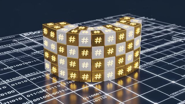 Hashtag Cubes Assemble Glowing Shield Wall on Digital Binary Grid