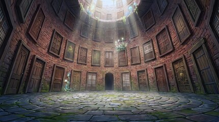 ゲーム背景　たくさんの扉がある塔ダンジョンの選択の部屋ホール