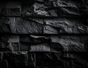 Black and grey stacked stone wall, textured surface