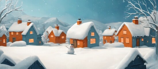 Naklejka premium Winter Wonderland: Digital Illustration of SnowCovered Village with Snowman, Trees, and Serene Blue Sky