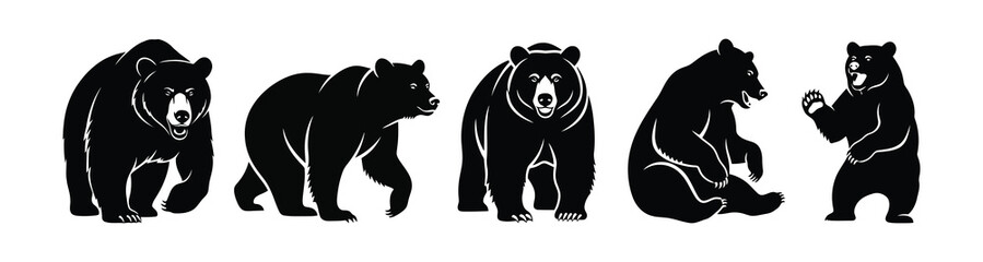 Collection of Five Black Silhouette Bear Poses with White Outline