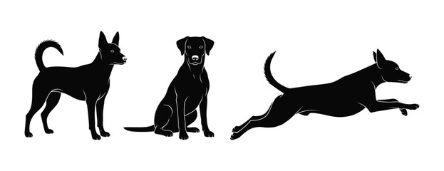Dynamic canine silhouettes showcasing various poses, from standing to sitting and active running, perfect for animal-themed designs