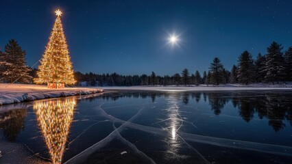 Christmas tree by frozen pond under moonlit sky