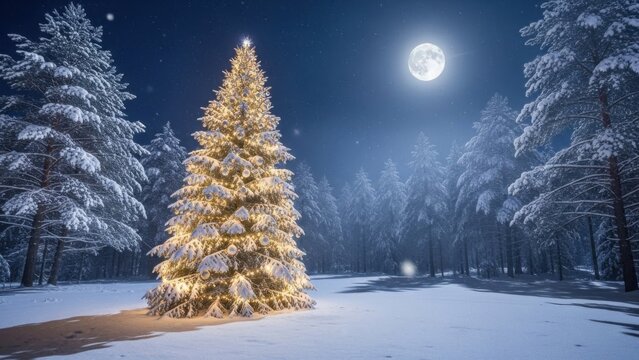 Snowy forest under full moon - Powered by Adobe