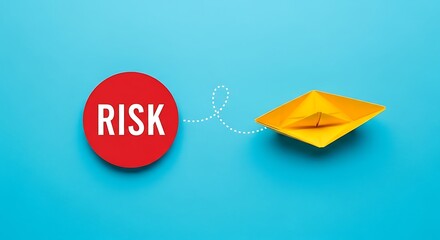 Yellow paper boat sailing away from a red circle labeled risk concept