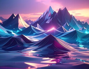 Abstract landscape of sharp, crystal mountains under a radiant sky