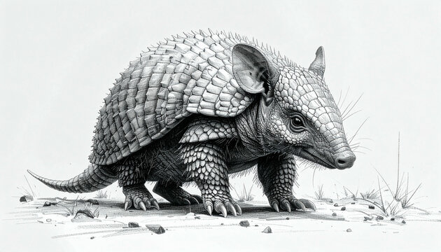 A detailed black and white sketch of an armadillo with its armored shell prominently displayed, standing on a sandy surface with sparse vegetation.