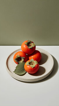 Editorial food photography captures a fresh persimmon in a minimalist setting. Organic fruit and stoneware styling create a calm, modern aesthetic